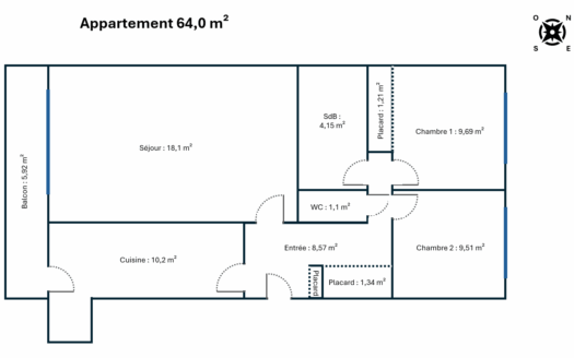 Appartement 3 pièces 64 m²